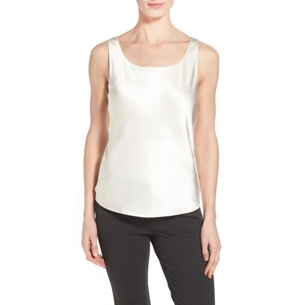 NWT Lafayette 148 New York Silk Tank Top Size 12 Cloud White Satin Scoop Neck